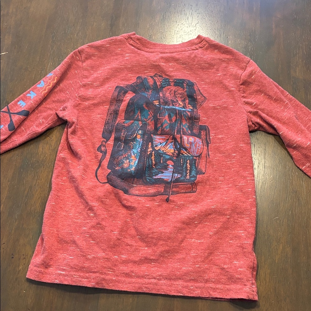 Kids Red Long Sleeve Graphic Tee Mountain Hiking - Picture 4 of 5